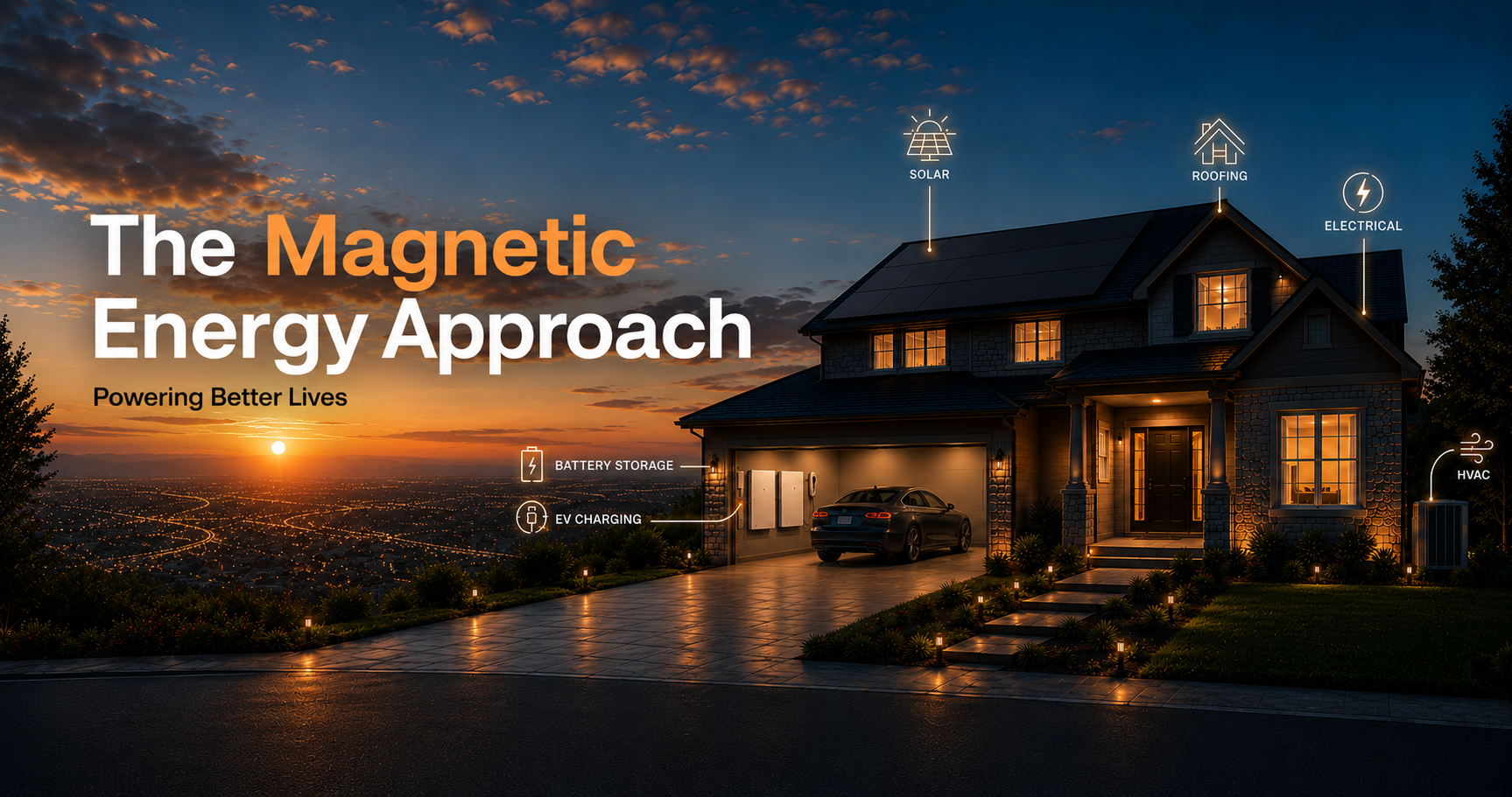 A modern home at sunset with solar, roofing, electrical, HVAC, battery storage and EV charging callouts